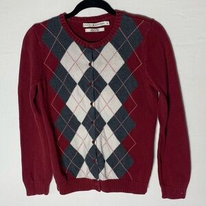 Vintage Tommy Hilfiger Burgundy White Grey Argyle Cotton Knit Button Up Cardigan